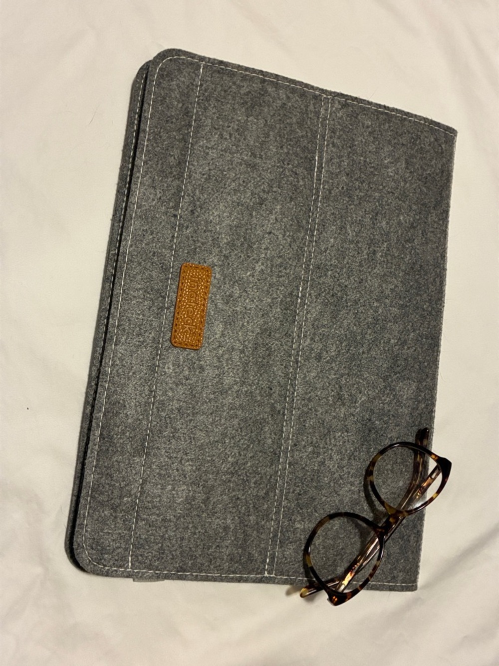 Gray Felt Tablet or Laptop Sleeve with Brown Leather Logo Patch